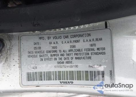 2004 Volvo S40 1.9T из США, поврежденный, VIN YV1VS27524F037190